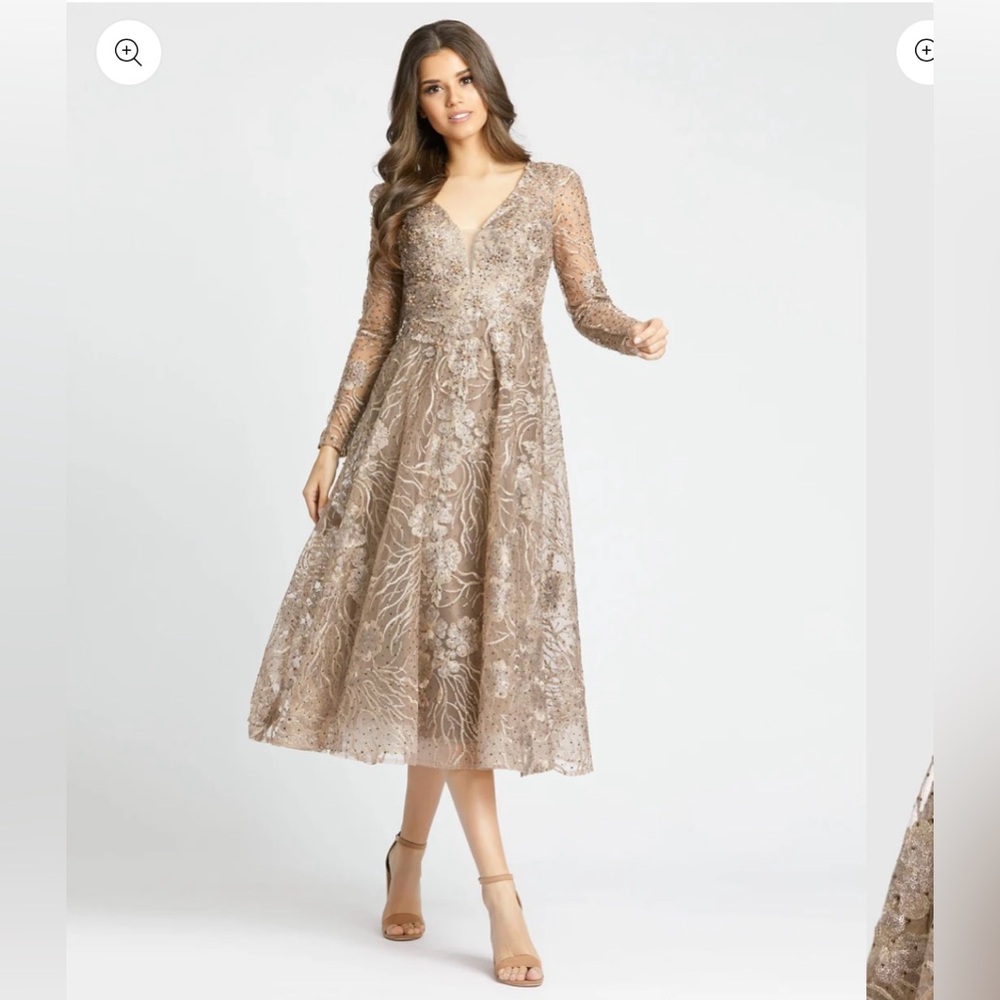 NWT mac duggal Embellished Plunge Neck Illusion Long Sleeve Mid